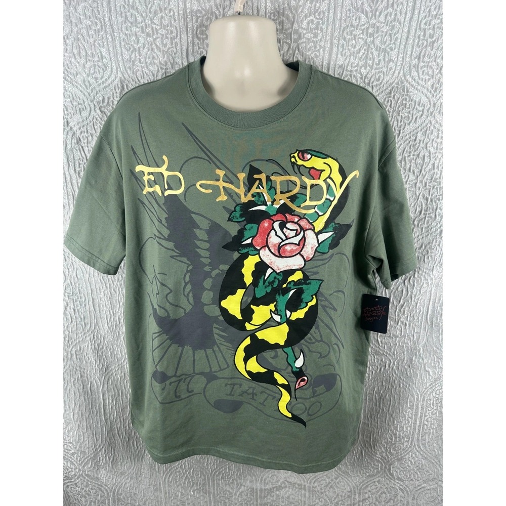Ed Hardy Men's Size L Light Olive Snake Graphic Short Sleeve Tee NWT